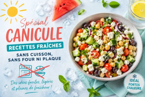 recettes fraîches sans cuisson pour la canicule : salade de pois chiches, tomates, servie avec menthe, citron et pastèqueches, feta, concombre et 